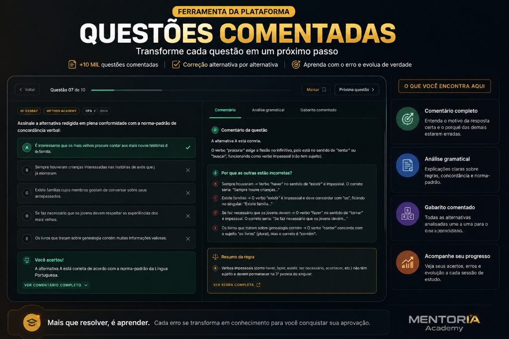 Tela real da área de questões da MentorIA Academy, com filtros de cargo, matéria, assunto e banca.